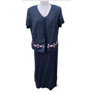 Positive Attitude Linen Blend 2-Piece Maxi Dress & Jacket Embroidered Sz. 16